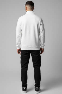 Selanik Yarım Fermuarlı Erkek Sweatshirt Beyaz - Erkek Sweatshirt