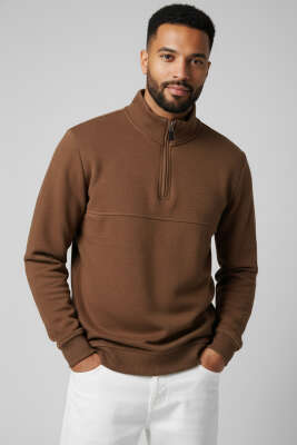 Selanik Yarım Fermuarlı Erkek Sweatshirt Kahve - BESSE