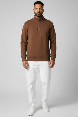 Selanik Yarım Fermuarlı Erkek Sweatshirt Kahve - Erkek Sweatshirt