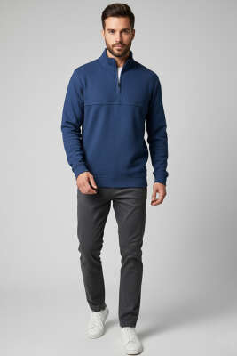 Selanik Yarım Fermuarlı Erkek Sweatshirt Mavi - Erkek Sweatshirt