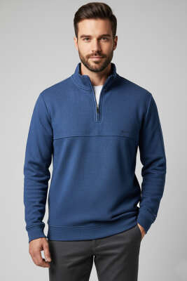 Selanik Yarım Fermuarlı Erkek Sweatshirt Mavi 