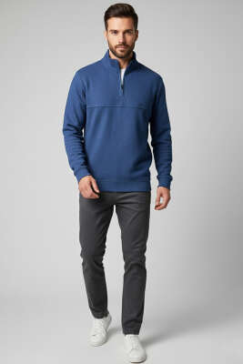 Selanik Yarım Fermuarlı Erkek Sweatshirt Mavi - Tek Kalanlar