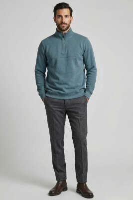 Selanik Yarım Fermuarlı Erkek Sweatshirt Petrol - Erkek Sweatshirt