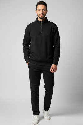 Selanik Yarım Fermuarlı Erkek Sweatshirt Siyah - Erkek Sweatshirt