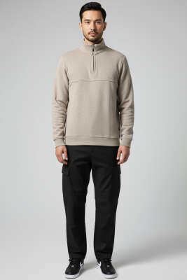 Selanik Yarım Fermuarlı Erkek Sweatshirt Vizon - Erkek Sweatshirt