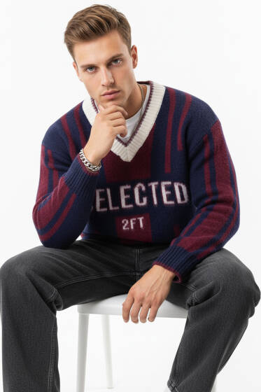 Selected V Yaka Triko Erkek Kazak Lacivert Bordo - Erkek Kazak