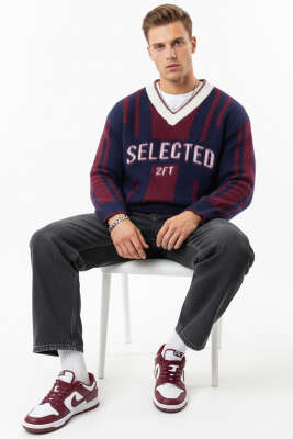 Selected V Yaka Triko Erkek Kazak Lacivert Bordo - Erkek Kazak