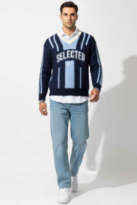 Selected V Yaka Triko Erkek Kazak Lacivert Mavi - Erkek Kazak