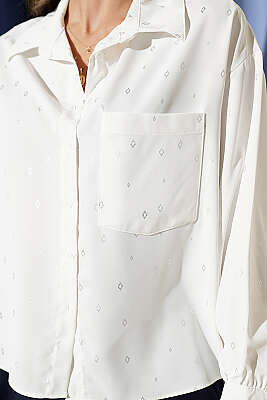 Sembol Baskılı Cepli Kısa Gömlek Beyaz - Kadın Giyim Modelleri