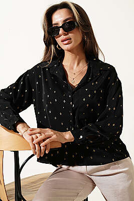 Sembol Baskılı Cepli Kısa Gömlek Siyah - Kadın Giyim Modelleri