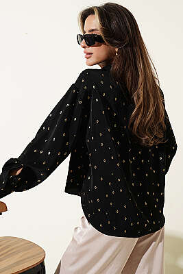 Sembol Baskılı Cepli Kısa Gömlek Siyah - Kadın Giyim Modelleri