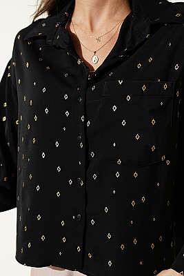 Sembol Baskılı Cepli Kısa Gömlek Siyah - Kadın Giyim Modelleri