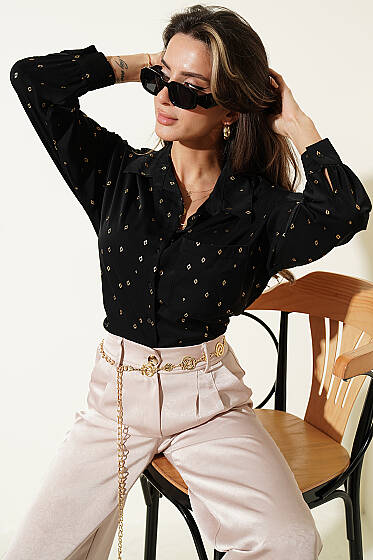 Sembol Baskılı Cepli Kısa Gömlek Siyah - Yılın Fırsatı