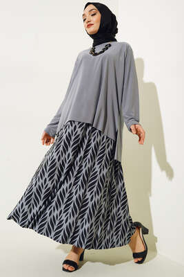 Yaprak Desenli Pliseli Etekli Takım Gri 