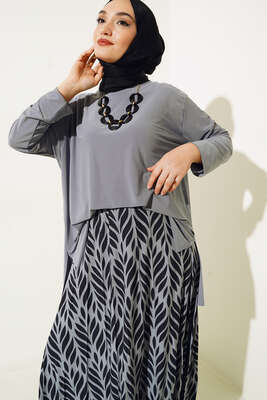 Yaprak Desenli Pliseli Etekli Takım Gri - İKİLİ TAKIM