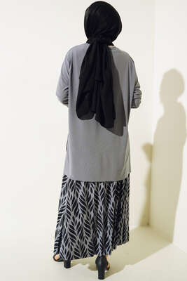 Yaprak Desenli Pliseli Etekli Takım Gri - İKİLİ TAKIM