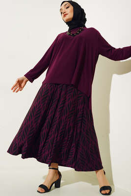 Yaprak Desenli Pliseli Etekli Takım Mürdüm 