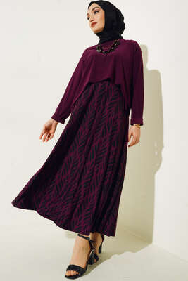 Yaprak Desenli Pliseli Etekli Takım Mürdüm - İKİLİ TAKIM