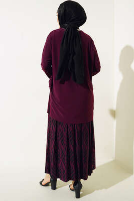 Yaprak Desenli Pliseli Etekli Takım Mürdüm - İKİLİ TAKIM