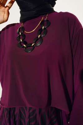 Yaprak Desenli Pliseli Etekli Takım Mürdüm - İKİLİ TAKIM