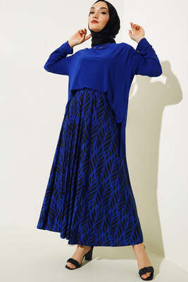 Yaprak Desenli Pliseli Etekli Takım Saks - NEVA MODA