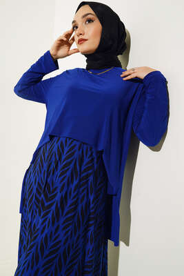 Yaprak Desenli Pliseli Etekli Takım Saks - İKİLİ TAKIM