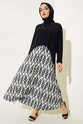 Yaprak Desenli Pliseli Etekli Takım Siyah - İKİLİ TAKIM