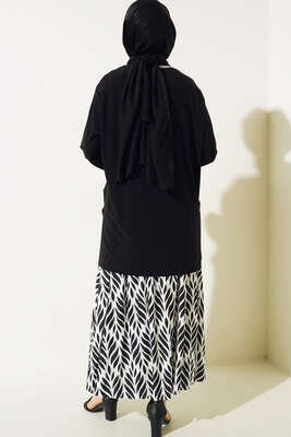 Yaprak Desenli Pliseli Etekli Takım Siyah - İKİLİ TAKIM