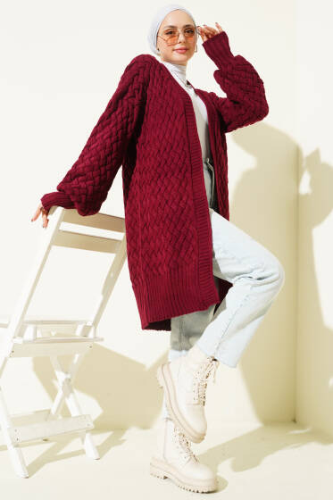 Sepet Örgü Triko Hırka Bordo - Hırka