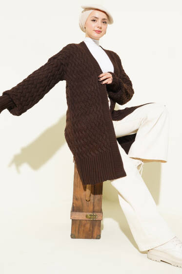 Sepet Örgü Triko Hırka Kahve - Hırka