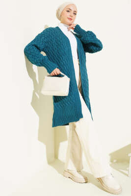 Sepet Örgü Triko Hırka Petrol - Hırka