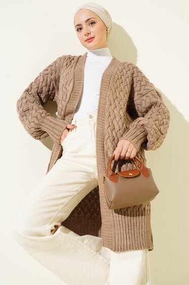 Sepet Örgü Triko Hırka Vizon - Hırka