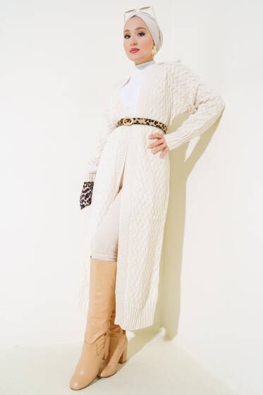 Sepet Örgü Uzun Triko Hırka Bej - Hırka