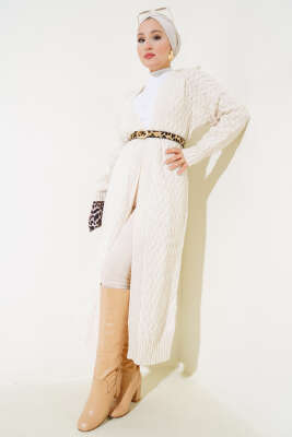 Sepet Örgü Uzun Triko Hırka Bej 