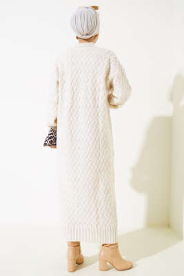 Sepet Örgü Uzun Triko Hırka Bej - Triko Hırka