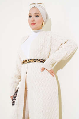 Sepet Örgü Uzun Triko Hırka Bej - Triko Hırka