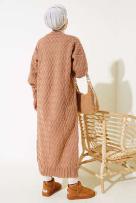 Sepet Örgü Uzun Triko Hırka Büsküvi - Triko Hırka