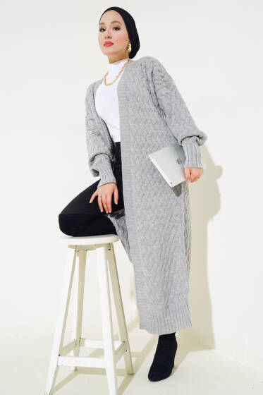 Sepet Örgü Uzun Triko Hırka Gri - Hırka