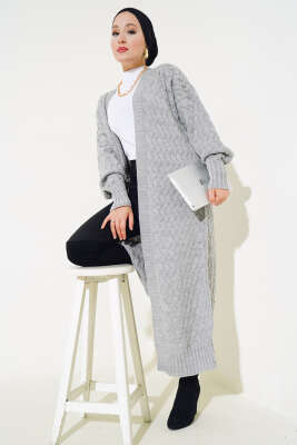 Sepet Örgü Uzun Triko Hırka Gri 