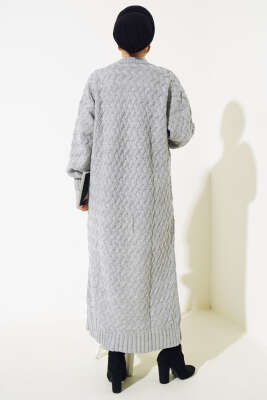 Sepet Örgü Uzun Triko Hırka Gri - Triko Hırka