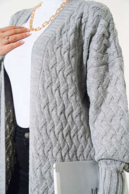 Sepet Örgü Uzun Triko Hırka Gri - Triko Hırka