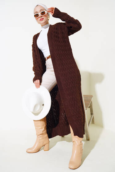 Sepet Örgü Uzun Triko Hırka Kahve - Hırka