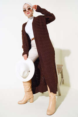 Sepet Örgü Uzun Triko Hırka Kahve 