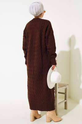 Sepet Örgü Uzun Triko Hırka Kahve - Triko Hırka