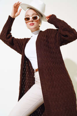 Sepet Örgü Uzun Triko Hırka Kahve - Triko Hırka