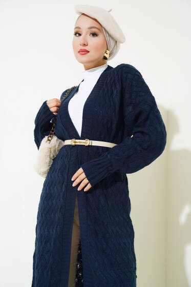 Sepet Örgü Uzun Triko Hırka Lacivert - Hırka