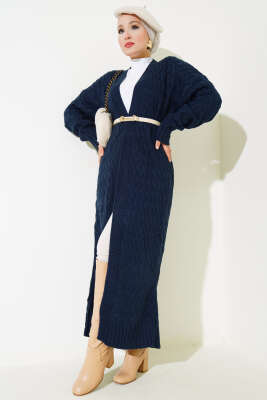 Sepet Örgü Uzun Triko Hırka Lacivert - Triko Hırka