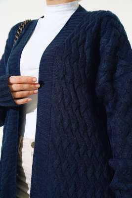 Sepet Örgü Uzun Triko Hırka Lacivert - Triko Hırka