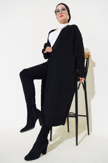 Sepet Örgü Uzun Triko Hırka Siyah - Hırka