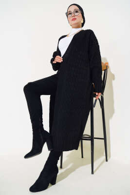 Sepet Örgü Uzun Triko Hırka Siyah 